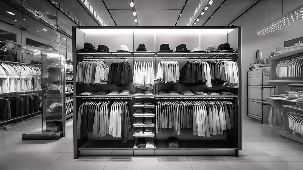 imagen en blanco y negro de anaquel de ropa en centro comercial